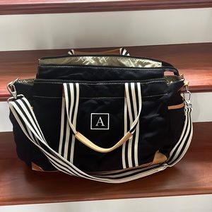 Black potter barn kids monogrammed A diaper bag